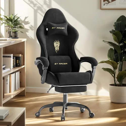 Vista 15 de Soontrans Sillas de tela de terciopelo para juegos con reposapiés, silla ergonómica para videojuegos para adultos, sillas reclinables de escritorio
