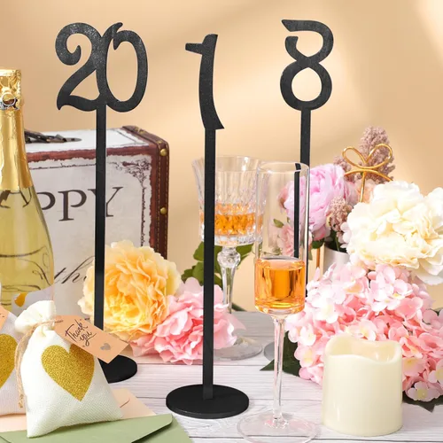 Vista 6 de Yulejo - 20 números de mesa para boda con soporte, 1-20, color negro Números de asiento de madera con base redonda, ideal para bodas, recepciones