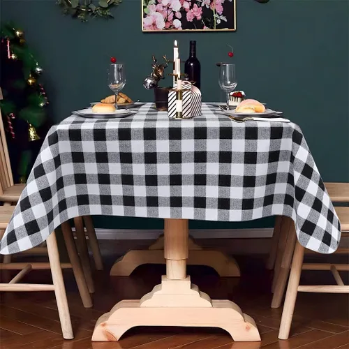 Vista 7 de Mantel de plástico a cuadros blancos y negros de 60 x 84 pulgadas con reverso de franela - Mantel impermeable para fiestas
