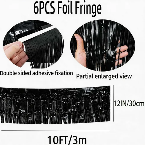 Vista 5 de Guirnalda de flecos de papel de aluminio negro, 6 piezas de 10 pies, cortina colgante de oropel metálico con purpurina para desfiles, flotadores