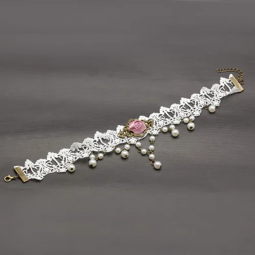 Vista 2 de Conjunto de Gargantilla, Pulsera y Anillo para Mujer, Collar de Encaje Gótico Vintage con Colgante de Abalorios, Joyería A: blanco