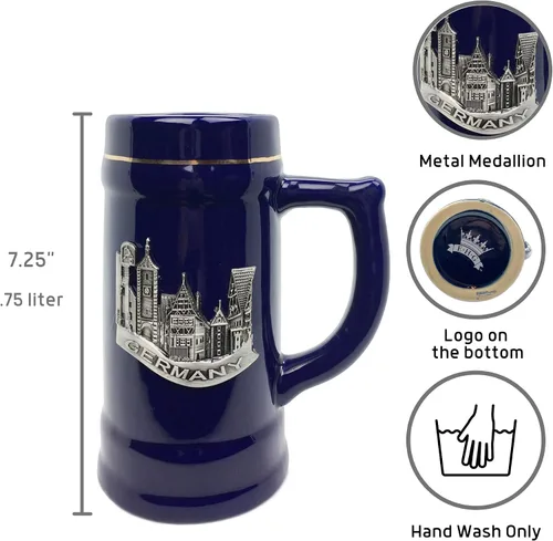 Vista 3 de Essence of Europe Gifts OktoberfestHaus - Taza de cerámica azul cobalto para amantes de la cerveza, con emblema de metal, 0,75 litros