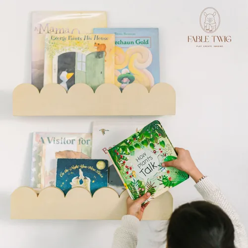 Vista 4 de Estantes flotantes para libros de guardería con bordes festoneados, estantes colgantes Montessori de madera para habitaciones de niños, estantería