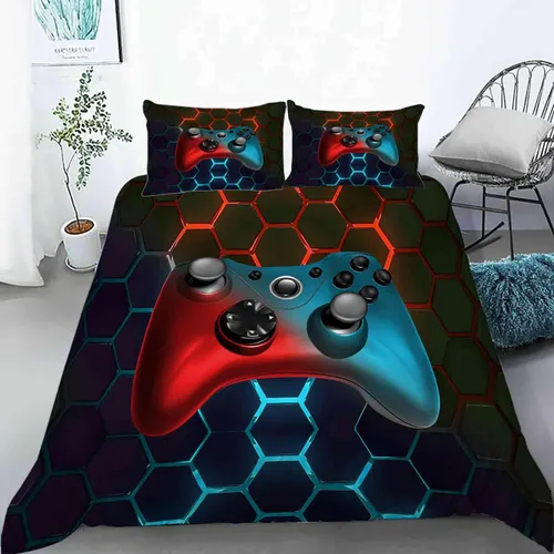 Vista 2 de AILONEN Juego de ropa de cama para niños, funda de edredón con 2 fundas de almohada, funda de edredón de videojuegos para niños, estilo controlador