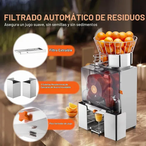 Vista 4 de VEVOR Máquina Exprimidora de Naranja Comercial, Extractor de Jugo de Alimentación Automática de 120W, Extractor de Jugo de Acero Inoxidable para 25