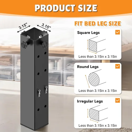 Vista 5 de Paquete de 4 elevadores de cama para dormitorio universitario, extensor de cama resistente de 1.5 a 3.15 pulgadas de diámetro, con 4 niveles