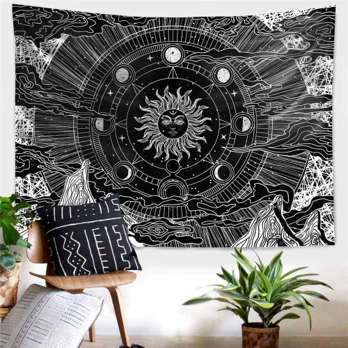 Vista 4 de Neapth Tapiz de sol para decoración de dormitorio y dormitorio, arte de pared blanco y negro, sol y luna, 59 x 59 pulgadas 1 Montaña del Sol