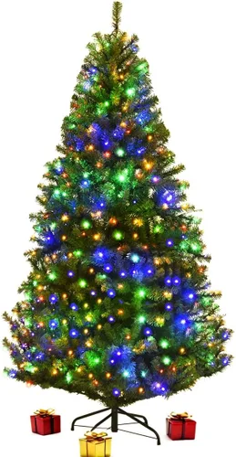 Vista 28 de COSTWAY Árbol de Navidad flocado de nieve de 6 pies, pino artificial con bisagras Blanco