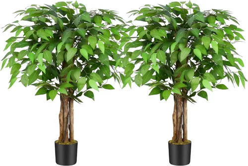 Vista 8 de Árboles artificiales de ficus de 3 pies con troncos naturales curvados, árbol exuberante de 36" de altura, árbol falso de ficus realista en verde