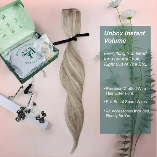Vista 7 de Easyouth - Extensiones de cabello con alambre rubio, extensiones de cabello humano real, reflejos rubios ceniza, extensión de cabello rubio con hilo