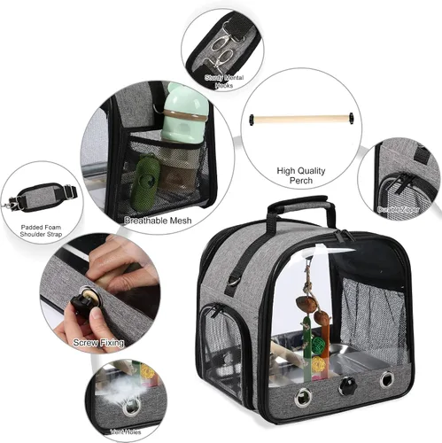 Vista 3 de Bolsa transportadora de pájaros jaula de viaje para pájaros con soporte, transportador de pájaros pequeño para loro, bolsa de viaje portátil