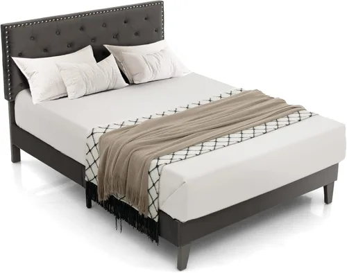 Vista 8 de KOMFOTT Base de cama tapizada tamaño matrimonial, base de cama de plataforma con cabecera copetuda y estribo acolchado suave, base de colchón
