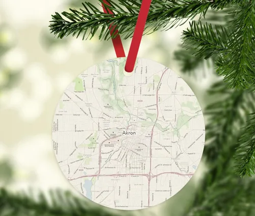 Vista 2 de Andaz Press Mapa de la ciudad de Estados Unidos redondo de madera natural MDF ornamento de Navidad, Akron, Ohio Vintage Mapa, 1 paquete, larga