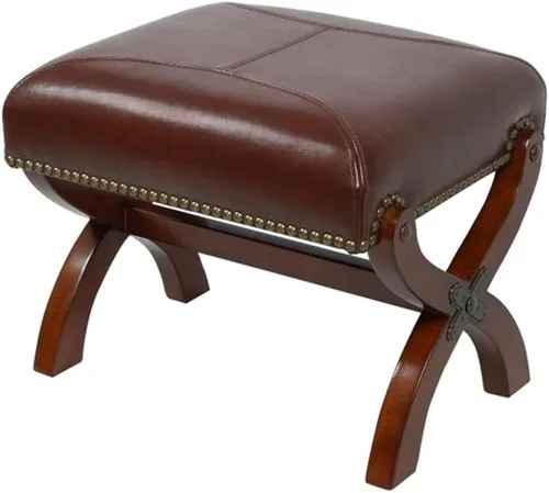 Vista 9 de Reposapiés de cuero, otomano de madera, asiento rústico para pies, reposapiés de madera, reposapiés rectangular pequeño otomano para sala de estar