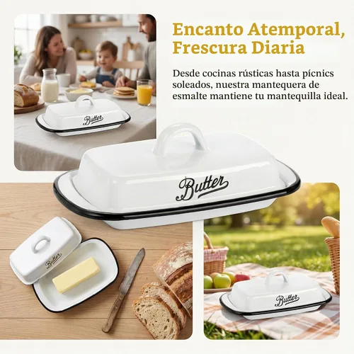 Vista 8 de Mantequillera esmaltada con tapa, bandeja de mantequilla blanca esmaltada vintage, soporte para mantequillas de borde negro, recipiente