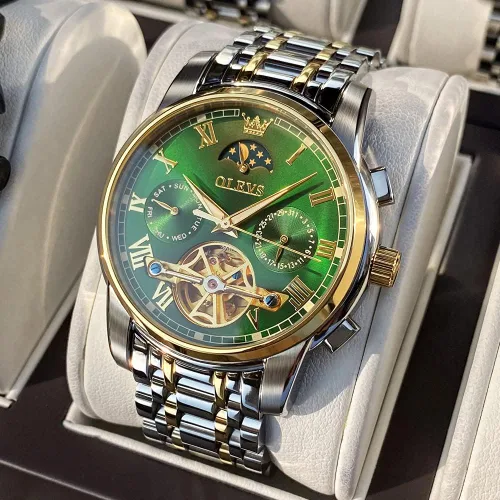 Vista 3 de OLEVS Relojes mecánicos automáticos para hombre, vestido de lujo, impermeable, cuerda automática, cronógrafo, de acero inoxidable, fecha luminosa