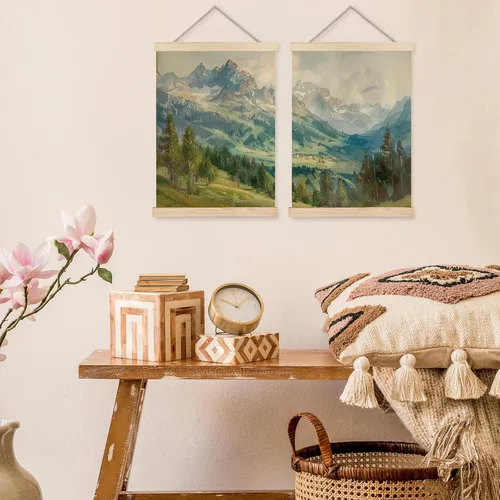 Vista 4 de bitCNY Juego de 2 lienzos de paisaje de montaña, 12 x 16 pulgadas, impresiones en lienzo vintage de bosque alpino, pósteres de pintura natural sin