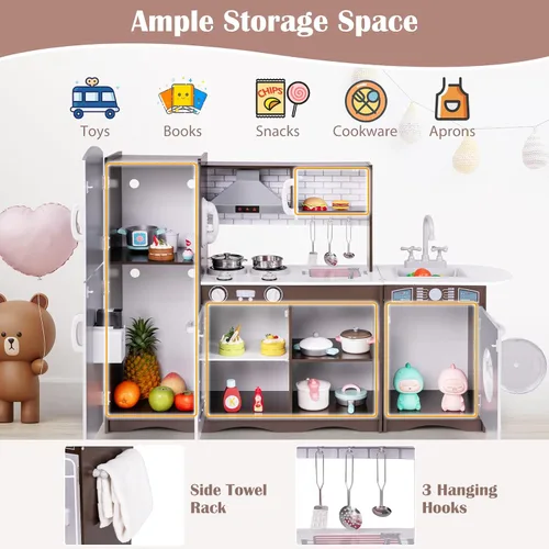 Vista 7 de HONEY JOY Juego de cocina para niños, cocina de madera modular de 2 piezas para niños pequeños y lavadora con fregadero, campana extractora