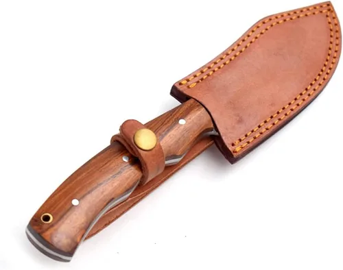Vista 5 de Cuchillo de caza de espiga completa con mango de madera de acero de alto carbono con funda