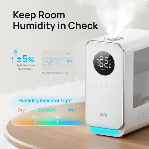 Vista 4 de Dreo - Humidificadores para recámara, llenado superior, inteligente, silencioso, vapor frío, difusor de aceite y luz nocturna, tiempo