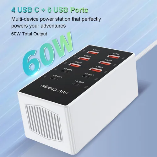 Vista 2 de Estación de carga USB C, cargador de pared para teléfono celular, 10 puertos USBC de carga rápida, cubo de alimentación 4 USB C 6 USB A, bloque