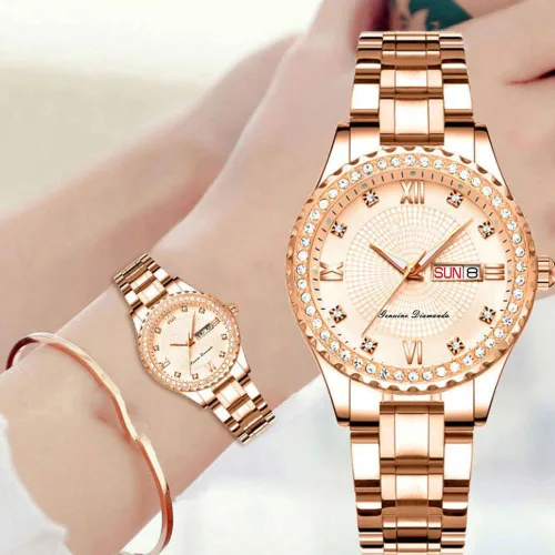 Vista 3 de Relojes de moda para mujer, esfera brillante, oro rosa, acero inoxidable, fecha, impermeable, cuarzo, para mujer