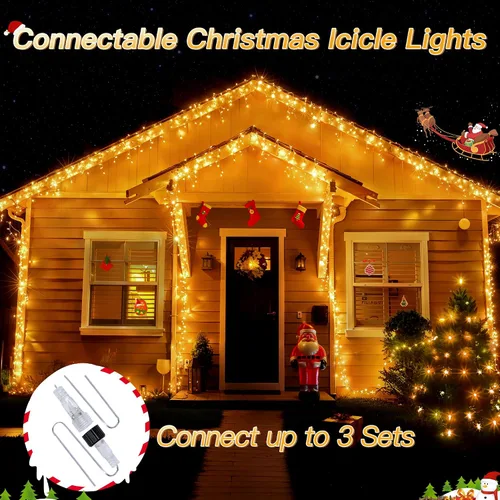 Vista 5 de Luces de carámbano para exteriores, 216 LED de 24 pies, luz de Navidad impermeable para exteriores con 8 modos y temporizador, luces de carámbano