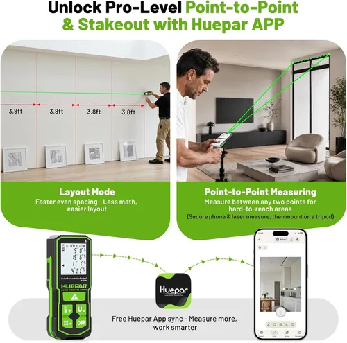 Vista 3 de Herramienta de medición láser con aplicación Bluetooth, 200 pies, ± 1/16 pulgadas de alta precisión, medidor de distancia láser de haz verde