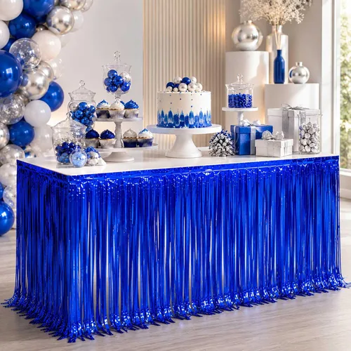 Vista 12 de Faldas de mesa de oropel de papel metálico con flecos para mesas rectangulares, cortinas de serpentina, telón de fondo para cumpleaños, boda