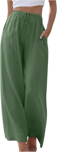Vista 2 de JEGULV Pantalones palazzo de lino para mujer 2024 a la moda, casuales, holgados, de cintura alta, pantalones de pierna ancha, pantalones de playa