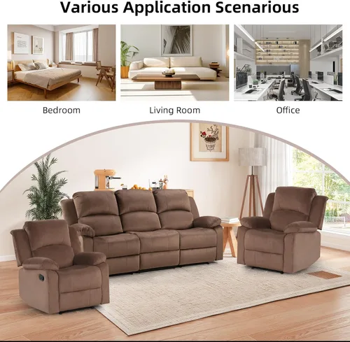 Vista 7 de EBELLO Juego de sofá reclinable manual, moderno juego de muebles reclinables de microfibra para sala de estar, incluye 2 sillas reclinables y 1 sofá