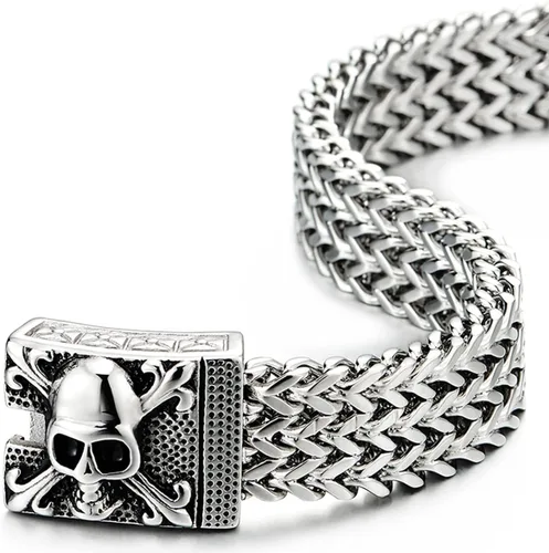 Vista 4 de COOLSTEELANDBEYOND Mens Large Stainless Steel Franco Link Curb Chain Bracelet with Pirate Skulls Clasp
