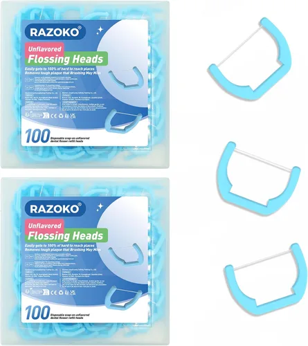 Vista 10 de RAZOKO Kit de hilo dental de mango largo (1 mango verde + 120 recambios) Púas de hilo dentales extra fuertes resistentes a la rotura para dientes