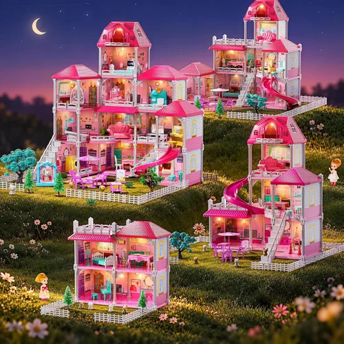 Vista 4 de Casa rosa de 4 pisos para niñas de 3 años en adelante, juego de villa de 12