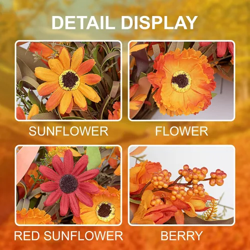 Vista 9 de J'FLORU Corona artificial de otoño de 22 pulgadas, coronas de otoño para puerta delantera, corona de margaritas naranjas con bayas silvestres