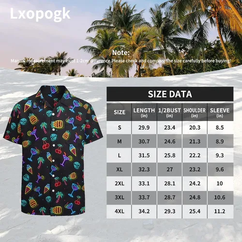 Vista 7 de Lxopogk Camisa hawaiana para hombre, camisas de neón con estampado casual de manga corta con botones, camisas de verano y playa tropical Aloha