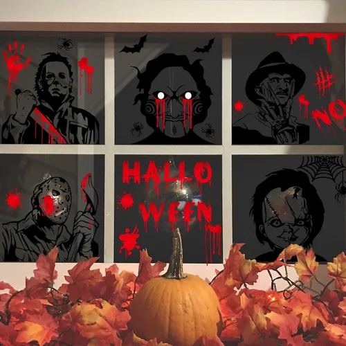 Vista 3 de Calcomanías para ventana de Halloween, calcomanías de personajes de película de terror, calcomanías grandes reutilizables para ventana, decoración