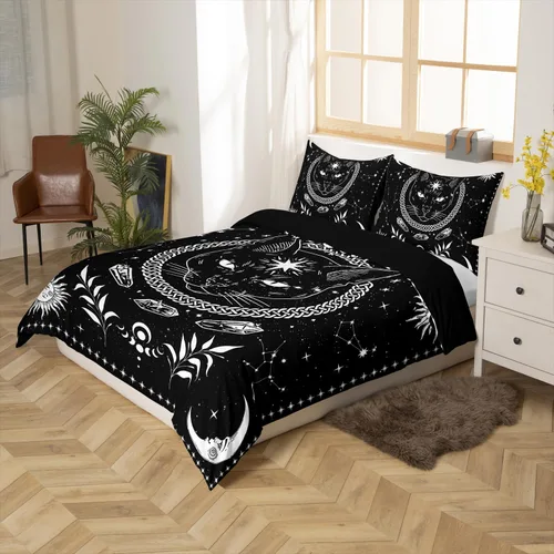 Vista 3 de Juego de ropa de cama de animales de gato misterioso, bohemio, exótico, tribal, abstracto, arte abstracto, juego de funda de edredón para decoración