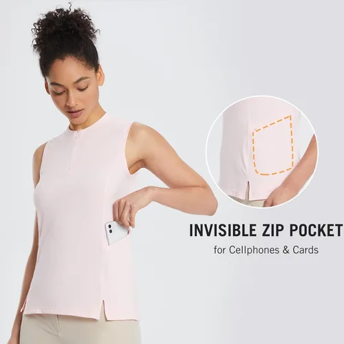 Vista 2 de BALEAF Camisa de golf sin mangas para mujer bolsillo lateral con cremallera de un cuarto ligera de secado rápido sin cuello sin mangas tenis