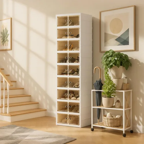 Vista 27 de Organizador de Zapatos Plegable Caja de Almacenamiento, Estante de Zapatos Plegable Portátil Extra Grande para Closet, Caja de Almacenamiento