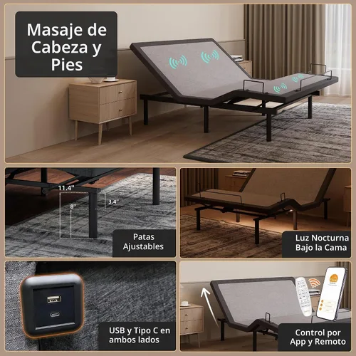 Vista 2 de ESHINE Base de cama ajustable + colchón híbrido de 14 pulgadas Twin XL (Suave Medio) - Espuma viscoelástica de gel de lujo, bases de cama con Gris