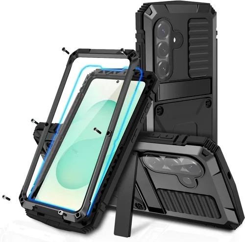 Vista 8 de Funda de metal para Samsung S22 5G con función atril, protector de pantalla integrado, resistente armadura militar duradera, cuerpo completo Negro