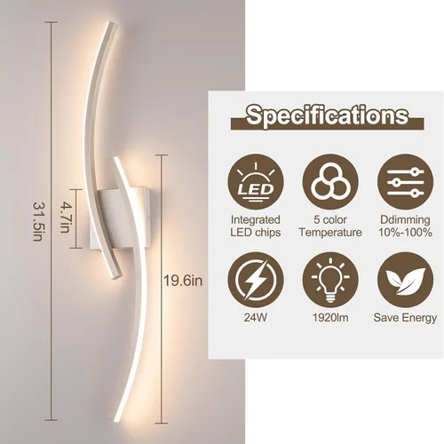 Vista 7 de Lámpara de pared moderna cableada de 3000 ~ 6000 K, lámpara de pared LED plateada de 31.5 pulgadas, luces de pared de níquel cepillado