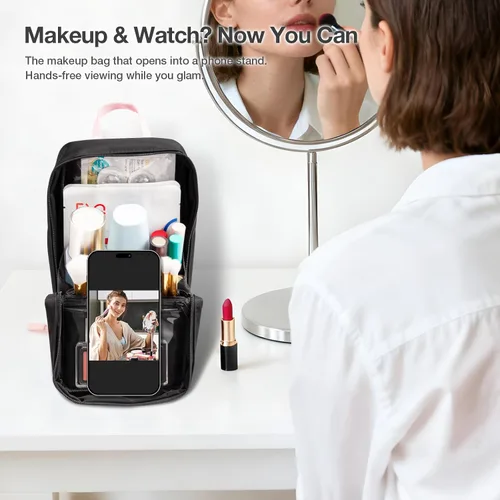 Vista 5 de Abiudeng Bolsa de maquillaje de viaje de pie Bolsa de maquillaje Bolsa de aseo de viaje, Negro