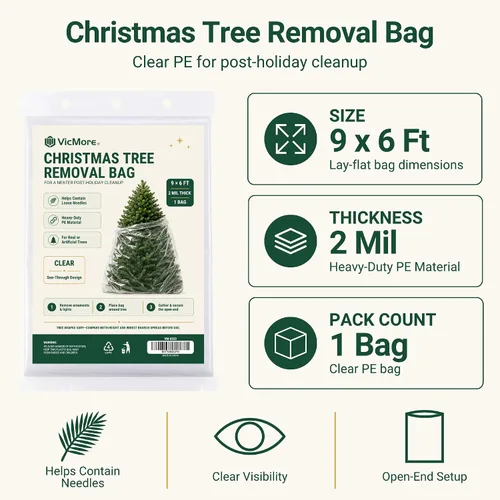 Vista 3 de Bolsa de eliminación de árbol de Navidad VicMore 9x6 pies de plástico transparente – Polietileno resistente, resistente a roturas y sin olor