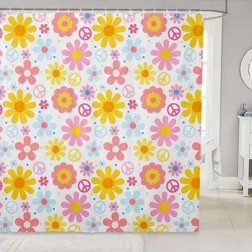 Vista 19 de Cortina de baño de flores de margarita para niños y niñas, cortina de ducha floral para decoración de baño, 72 x 72 pulgadas, retro, floral