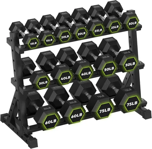 Vista 18 de HANDBODE Dumbbell Set with Rack, Rubber Coated Fixed Dumbbells 360-790 lbs Heavy Duty Hexagonal Weights, Non-Roll Hexagon Shape for Stability