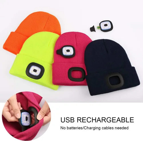 Vista 2 de Gorro LED para Niños, Unisex Gorro con Linterna Frontal Recargable de Invierno con Luz Nocturna, Regalos para Niños y Niñas Naranja