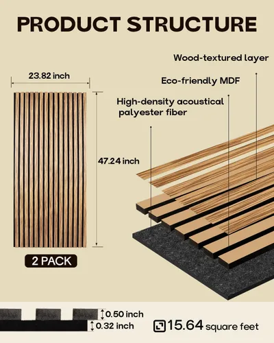 Vista 2 de Panel de pared de listones de madera, 2 paneles de madera insonorizados para pared y techo, paneles de pared de madera de 47.2 x 23.8 pulgadas