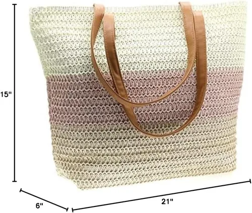 Vista 8 de Bolso grande de paja para mujer, tejido de ratán, bolso de playa de verano, a rayas
